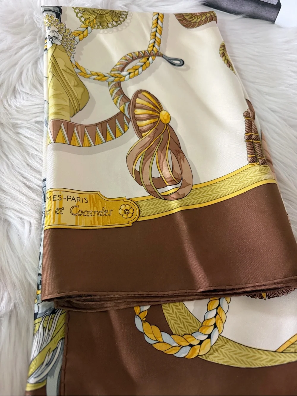 Hermès Paris Equestrian Silk Scarf in Cream, Gold and Brown - Picture 11 of 16